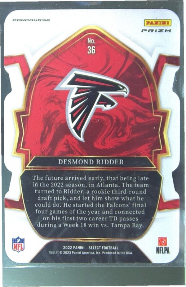 2022 Select Desmond Ridder Red and Blue Prizm Die Cut RC #36 Falcons - Image 3