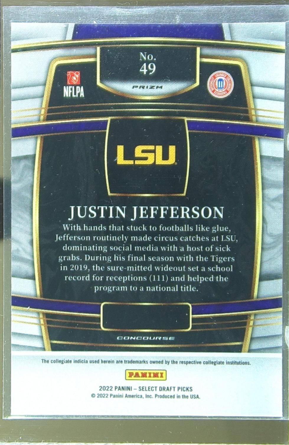 2022 Select Draft Picks Justin Jefferson Silver Prizm #49 Tigers - Image 3