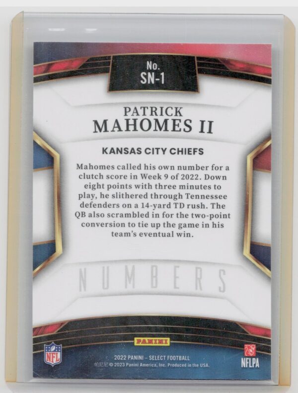 2022 Select Patrick Mahomes II Select Numbers #/-1 Chiefs - Image 3