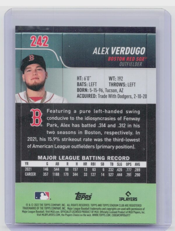 2022 Stadium Club Chrome Alex Verdugo #242 Sox - Image 3