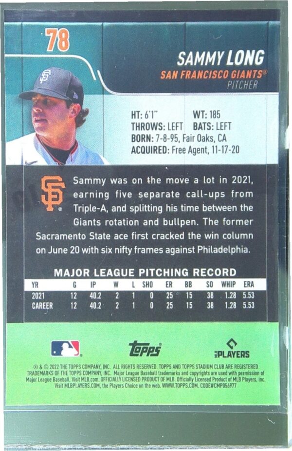 2022 Stadium Club Chrome Sammy Long X Fractor RC #78 Giants - Image 3
