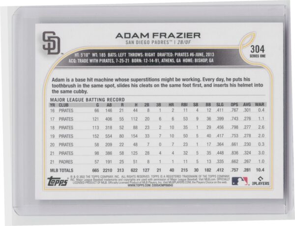2022 Topps Adam Frazier Royal Blue #304 Padres - Image 3