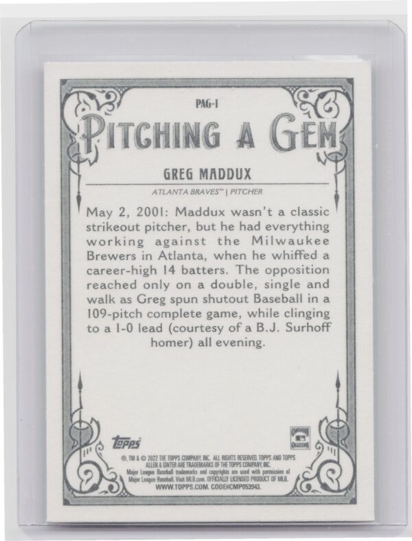 2022 Topps Allen & Ginter Greg Maddux Pitching a Gem #PAG-1 Braves - Image 3