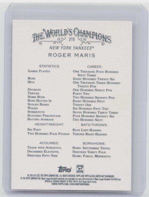 2022 Topps Allen & Ginter Roger Maris #215 Yankees - Image 3