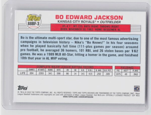 2022 Topps Archives Bo Jackson #88BF-3 Royals 1988 Topps Big Foil - Image 3