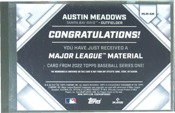 2022 Topps Austin Meadows JSY #MLM-AM Rays Major League Material Relics Series 1 - Image 3