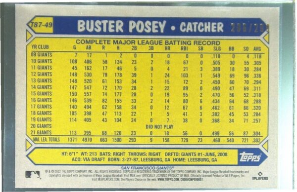 2022 Topps Buster Posey /299 #T87-49 Giants 1987 Topps Baseball 35th Anniversary - Image 3