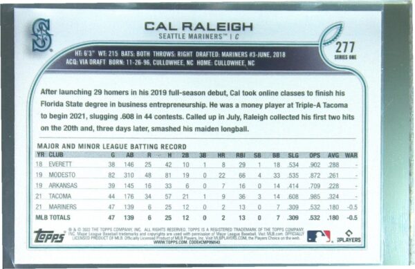 2022 Topps Cal Raleigh RC #277 Mariners - Image 3