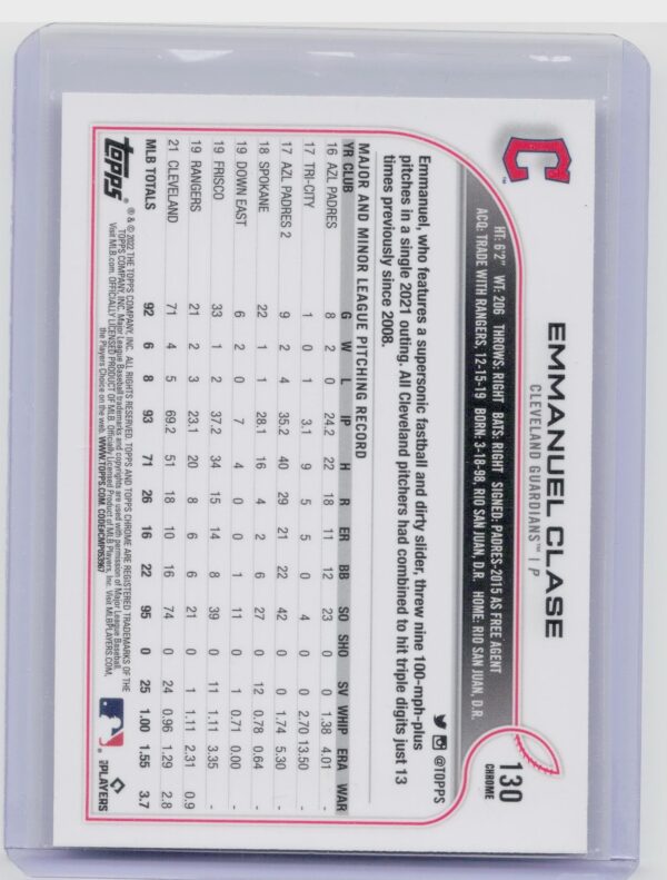 2022 Topps Chrome Sonic Emmanuel Clase Refractor #130 Guardians - Image 3