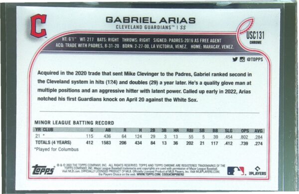2022 Topps Chrome Update Gabriel Arias Purple Refractor RC #USC131 Guardians - Image 3