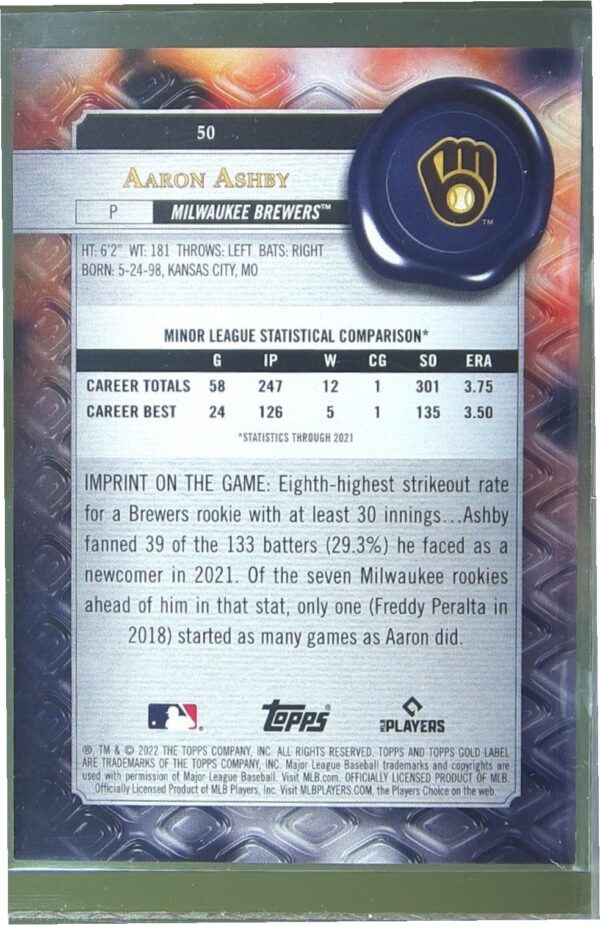 2022 Topps Gold Label Aaron Ashby Class 3 Red /25 RC #50 Brewers - Image 3