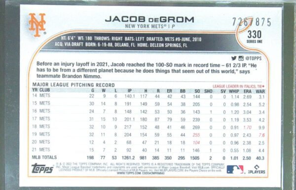 2022 Topps Jacob deGrom Foilboard Retail /875 #330 Mets - Image 3