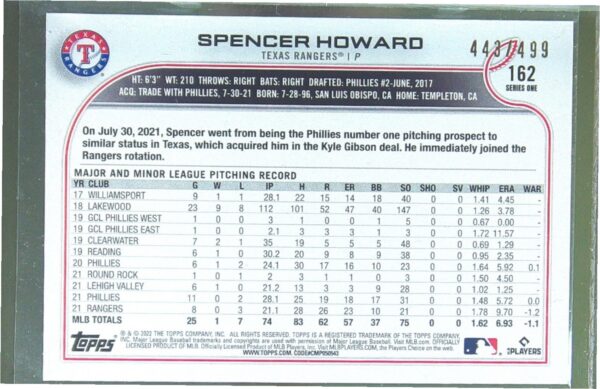 2022 Topps Spencer Howard Green Foilboard /499 #162 Rangers - Image 3