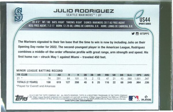 2022 Topps Update Julio Rodriguez RC #US44 Mariners - Image 3