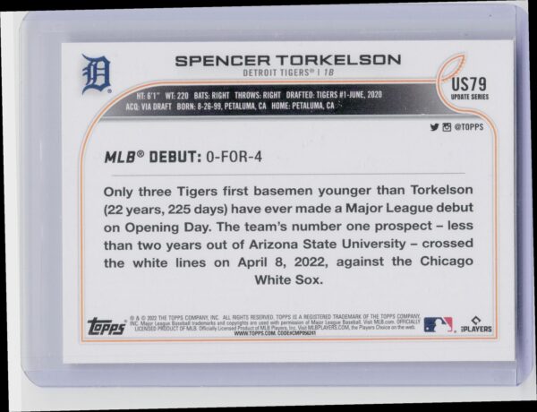 2022 Topps Update Spencer Torkelson Rookie #US79 Tigers - Image 3