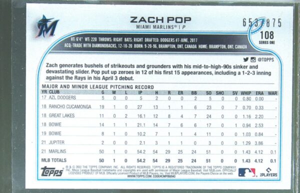 2022 Topps Zach Pop Foilboard Retail /875 RC #108 Marlins - Image 3