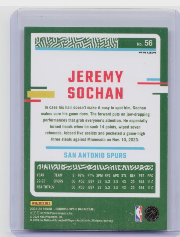 2023-24 Donruss Optic Jeremy Sochan Holo 56 Spurs - Image 3