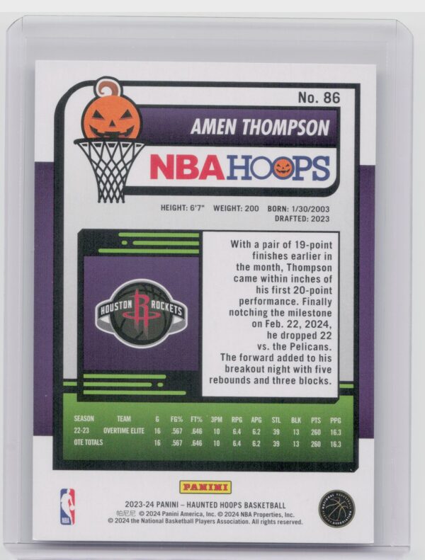 2023-24 Hoops Haunted Hoops Amen Thompson RC 86 Rockets - Image 3