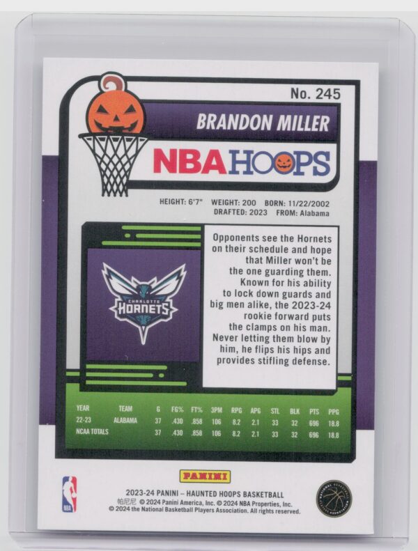 2023-24 Hoops Haunted Hoops Brandon Miller RC 245 Hornets - Image 3