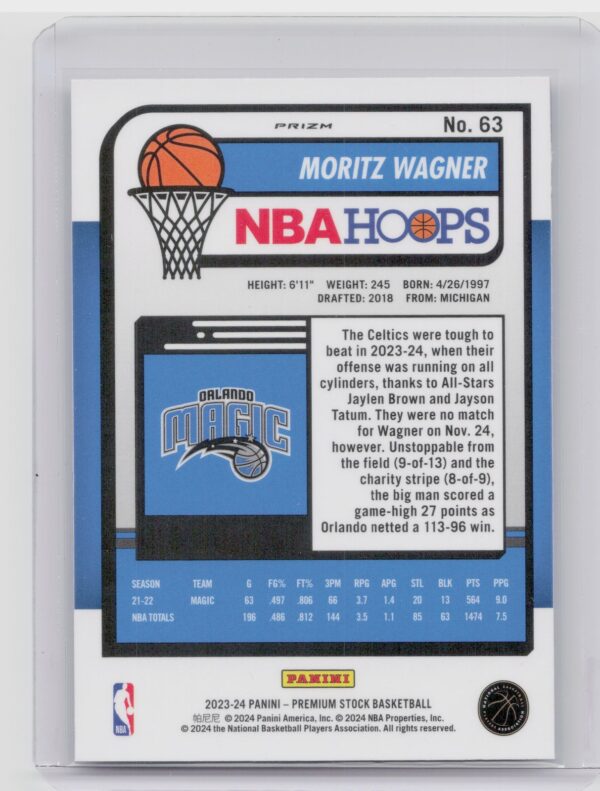 2023-24 Hoops Premium Stock Moritz Wagner Silver Prizm 63 Magic - Image 3