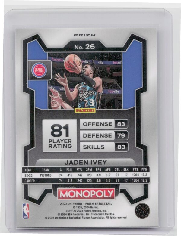 2023-24 Panini Prizm Monopoly Jaden Ivey Purple #26 Pistons - Image 3