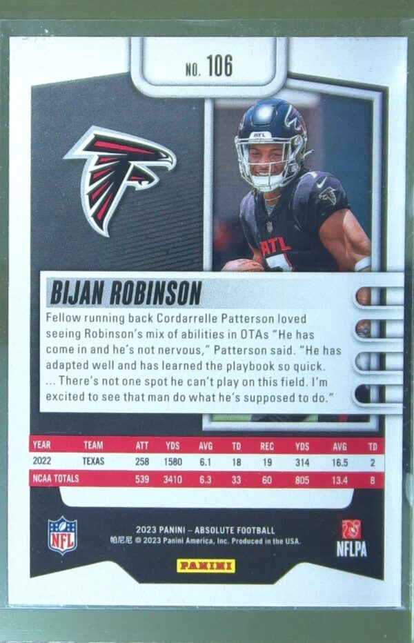 2023 Absolute Bijan Robinson Retail RC #106 Falcons - Image 3