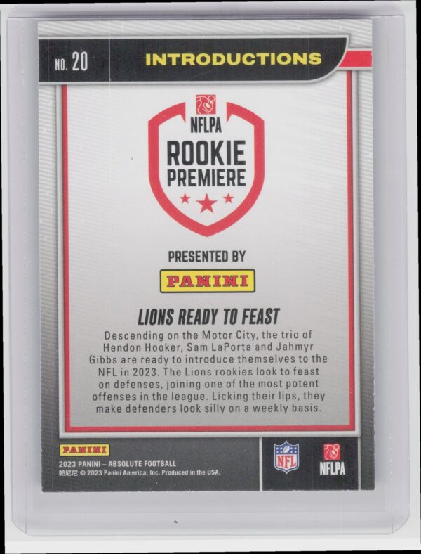 2023 Absolute Gibbs, Hooker, LaPorta Lions Ready to Feast RC #20 Lions - Image 3