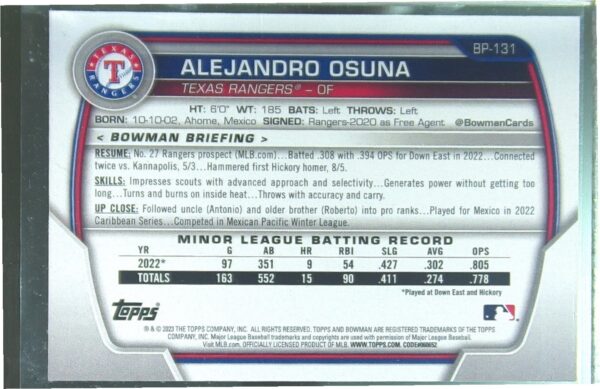2023 Bowman Alejandro Osuna /250 #BP-131 Rangers Prospects Purple - Image 3