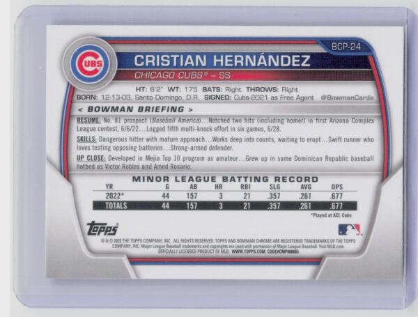 2023 Bowman Cristian Hernandez #BCP-24 Cubs Chrome Prospects - Image 3
