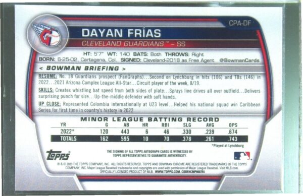 2023 Bowman Dayan Frias Auto #CPA-DF Guardians Chrome Prospects Autographs - Image 3