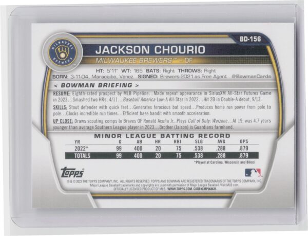 2023 Bowman Draft Jackson Chourio #BD-156 Brewers - Image 3
