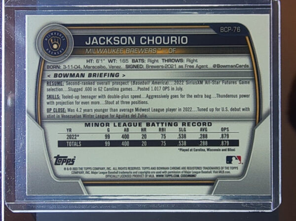 2023 Bowman Jackson Chourio #BCP-76 Brewers Chrome Prospects Mojo Refractors - Image 3
