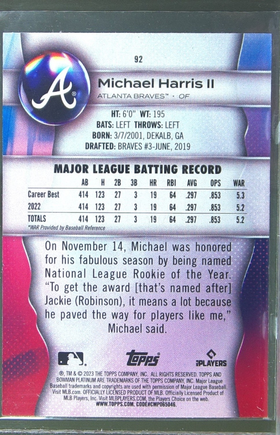 2023 Bowman Platinum Michael Harris II RC #92 Braves - Image 3