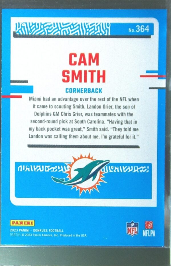 2023 Donruss Cam Smith RC #364 Dolphins - Image 3