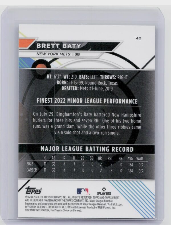 2023 Finest Brett Baty RC #40 Mets - Image 3