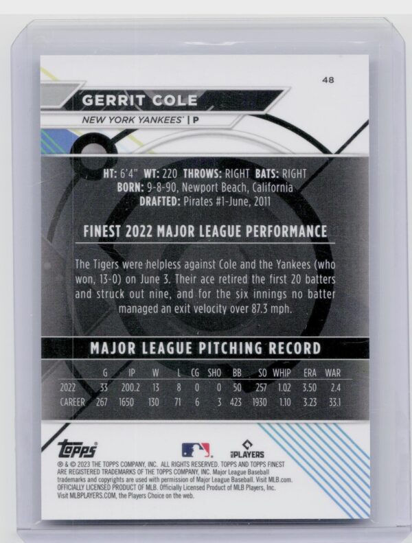 2023 Finest Gerrit Cole Aqua Shimmer Refractor /175 #48 Yankees - Image 3