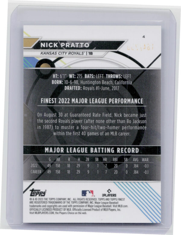 2023 Finest Nick Pratto Blue/Aqua Vapor Refractor SN250 #4 Royals - Image 3