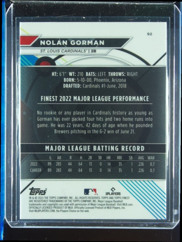 2023 Finest Nolan Gorman RC #92 Cardinals - Image 3