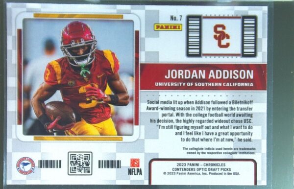 2023 Panini Chronicles Draft Picks Jordan Addison #7 Contenders Optic Silver - Image 3