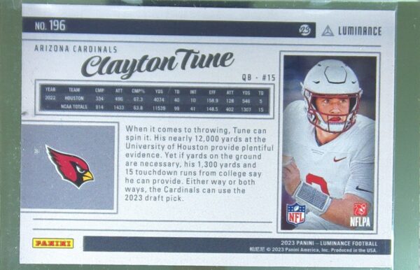 2023 Panini Luminance Clayton Tune RC #196 Cardinals - Image 3