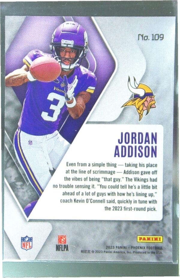2023 Panini Phoenix Jordan Addison RC #109 Vikings - Image 3