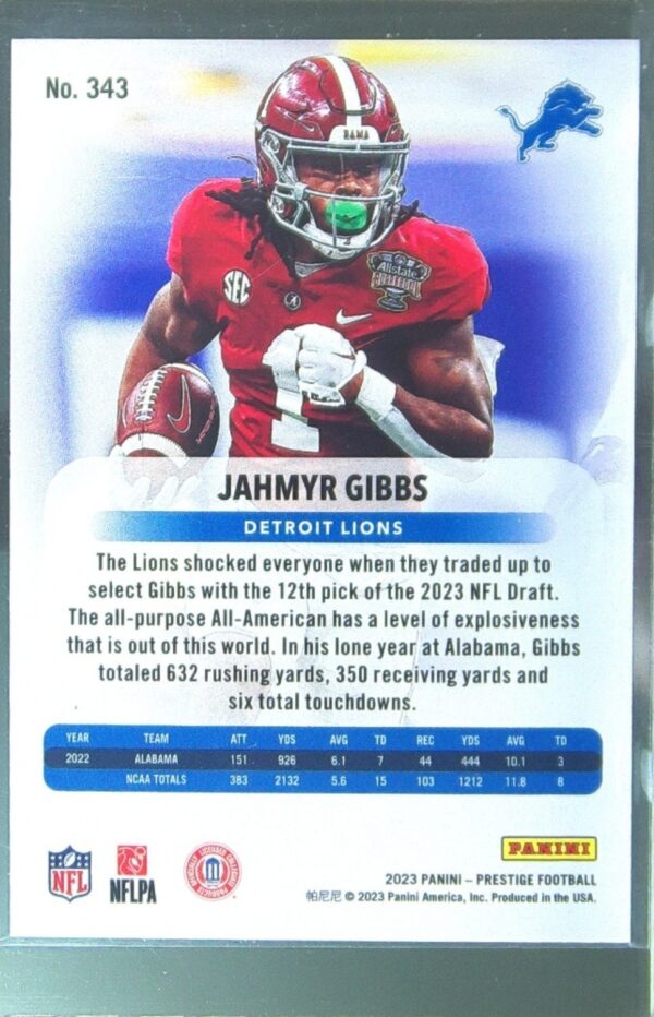 2023 Panini Prestige Jahmyr Gibbs RC #343 Lions - Image 3
