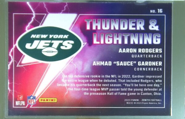 2023 Panini Zenith Aaron Rodgers / Ahmad "Sauce" Gardner #16 Thunder Lightning - Image 3