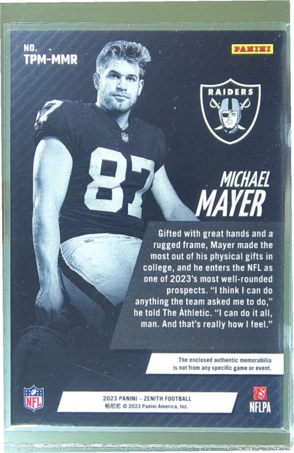 2023 Panini Zenith Michael Mayer JSY RC #TPM-MMR Raiders Turning Pro Memorabilia - Image 3