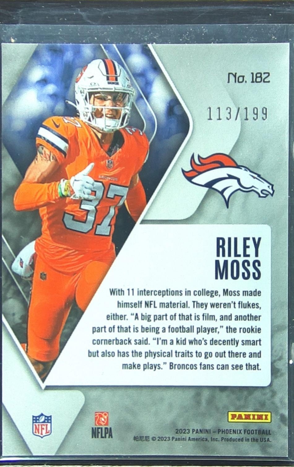 2023 Phoenix Riley Moss RC Pink /199 #182 Broncos - Image 3