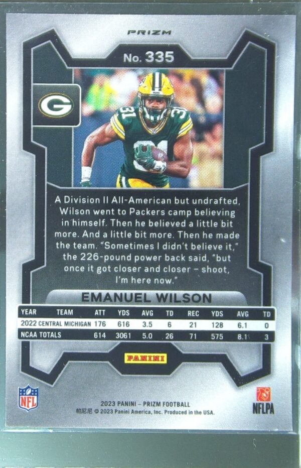 2023 Prizm Emanuel Wilson Orange Lazer RC #335 Packers - Image 3