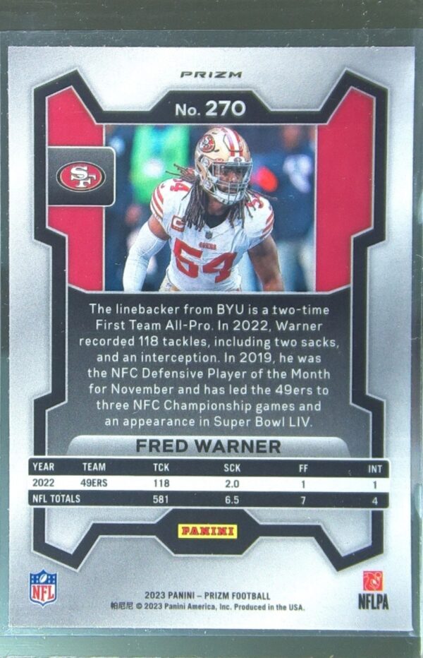 2023 Prizm Fred Warner Silver #270 49ers - Image 3