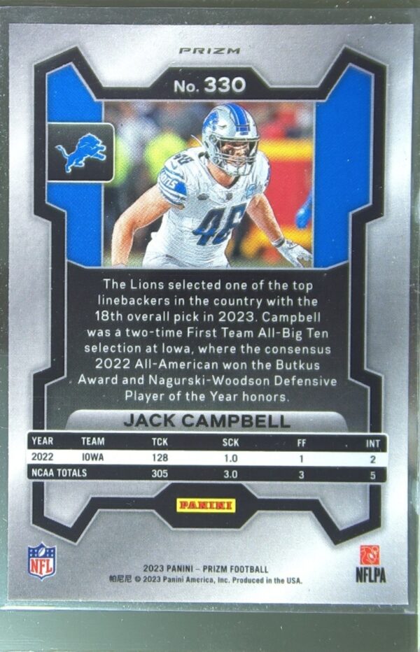 2023 Prizm Jack Campbell Silver RC #330 Lions - Image 3