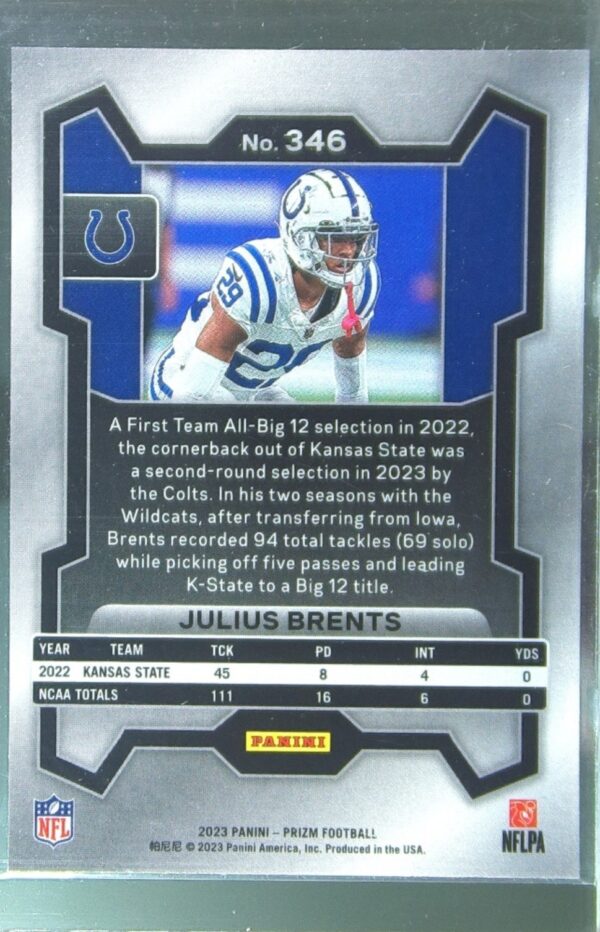 2023 Prizm Julius Brents RC #346 Colts - Image 3