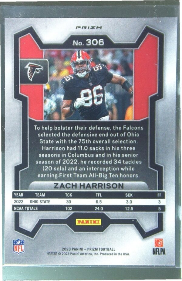 2023 Prizm Zach Harrison Red White and Blue RC #306 Falcons - Image 3